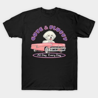 Cute Bichon Frise Driving vintage Classic pink cadillac while shopping T-Shirt